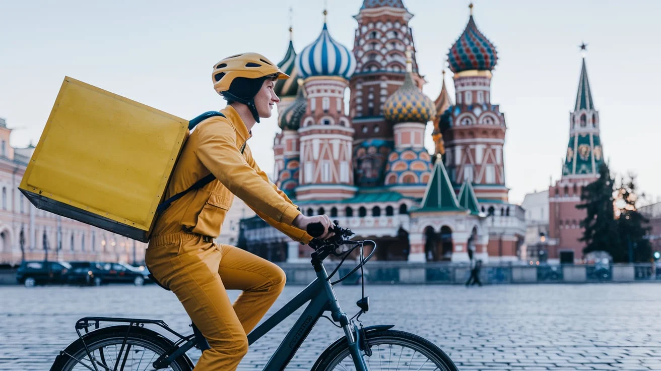 Курьер доставки Яндекс Еда в Москве на фоне Красной площади